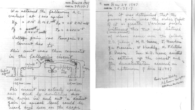 Walter Brattain's notebook entry records from 1947 when the transistor effect was discovered
